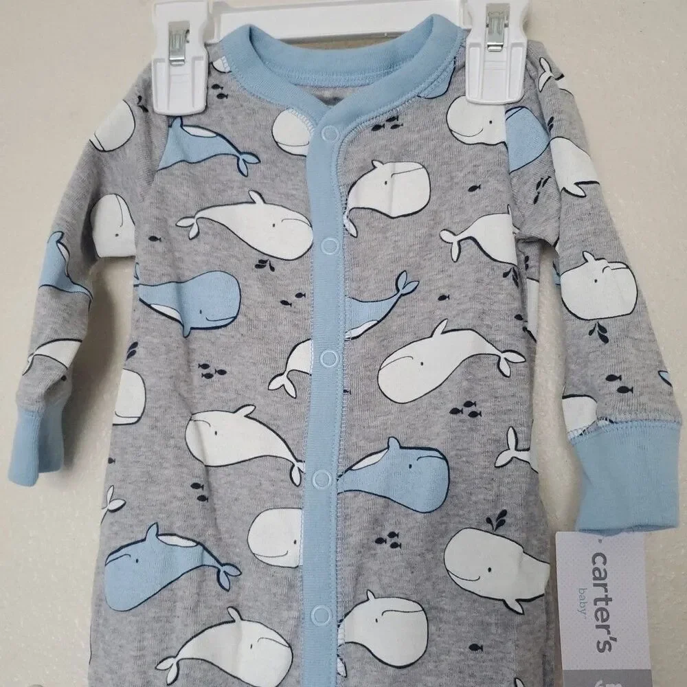 Carters Baby Boy Cute Whale 100% Cotton Long Sleeve Snap-Up Sleep & Play 6M Gray
